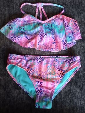 Animal Print Flounced Two-Piece Girls Sized Medium (7/8)